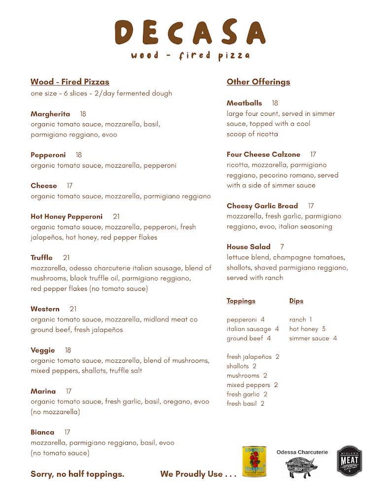 Decasa Wood-Fired Pizza Menu image 1